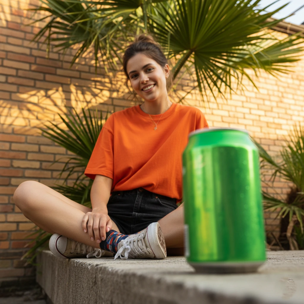 A young woman in an orange t-shirt smiling on a concrete ledge with a green soda can in the foreground, set against a warm brick wall and tropical palm leaves in natural sunlight.